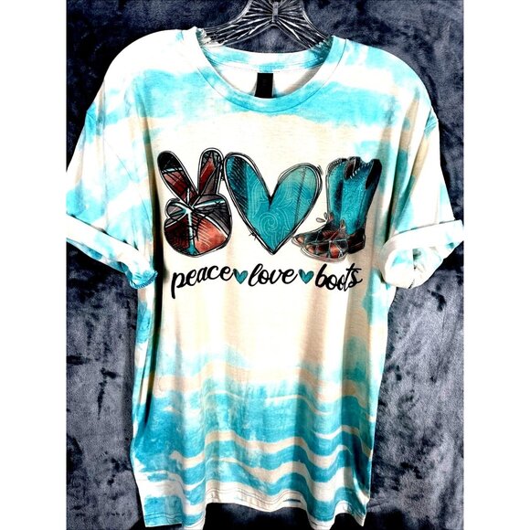 Glidan Tops - Women’s T-shirt Peace Love And Boots Cowgirl Bleached Blue Shirt Size Large